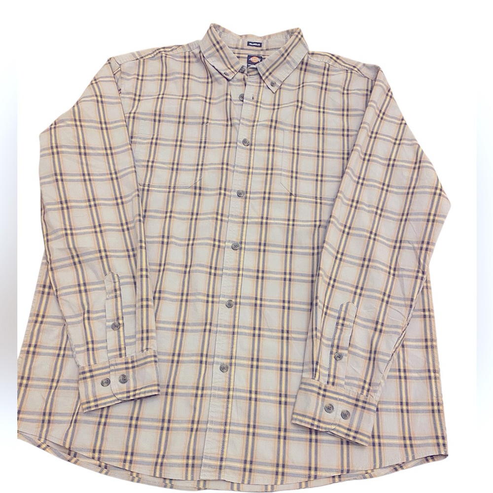 📌 Dickies Men's Relaxed Fit Plaid Button Down Shirt Size L Tan/Blue